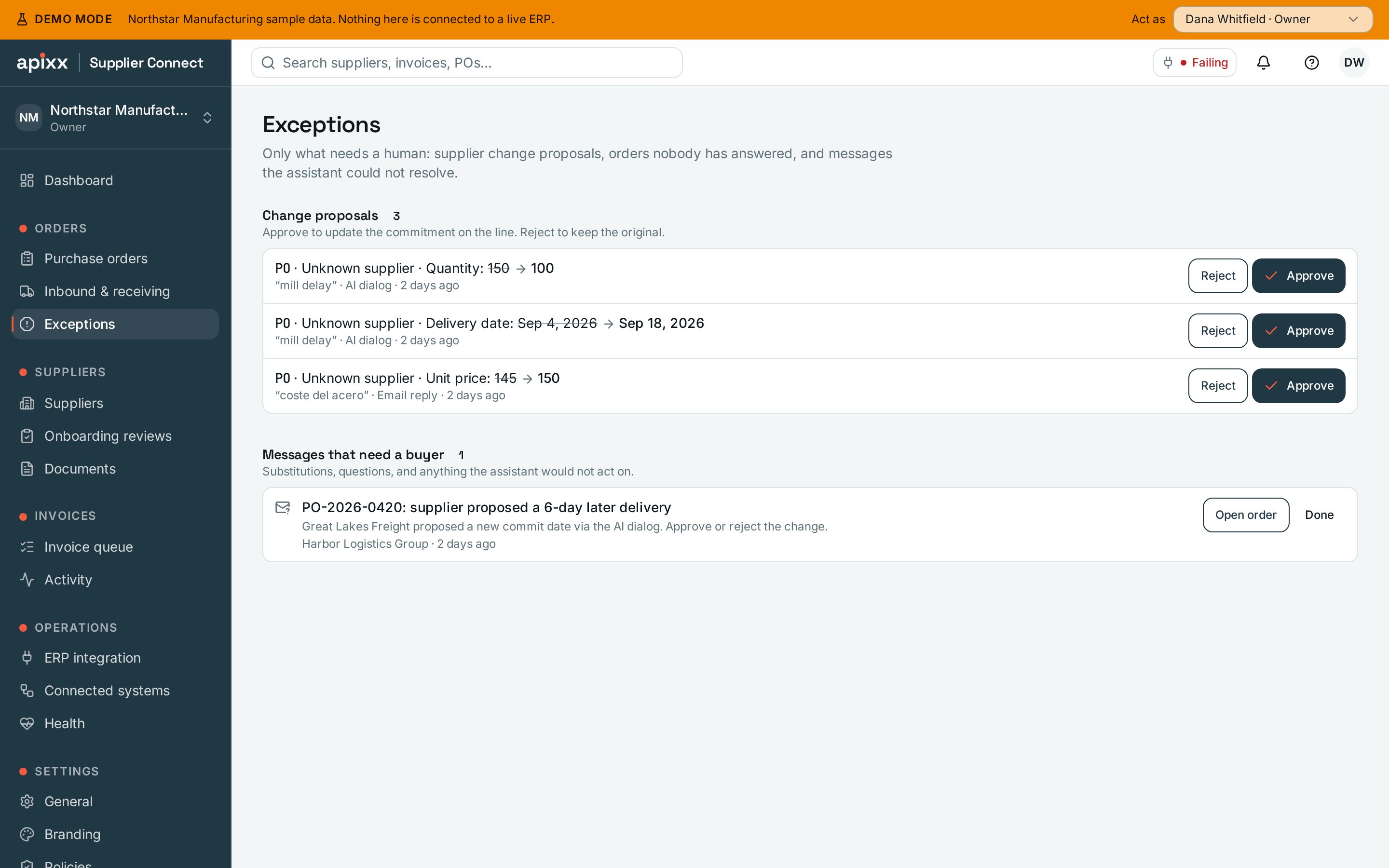 Exceptions page in the APIXX Supplier Collaboration demo workspace