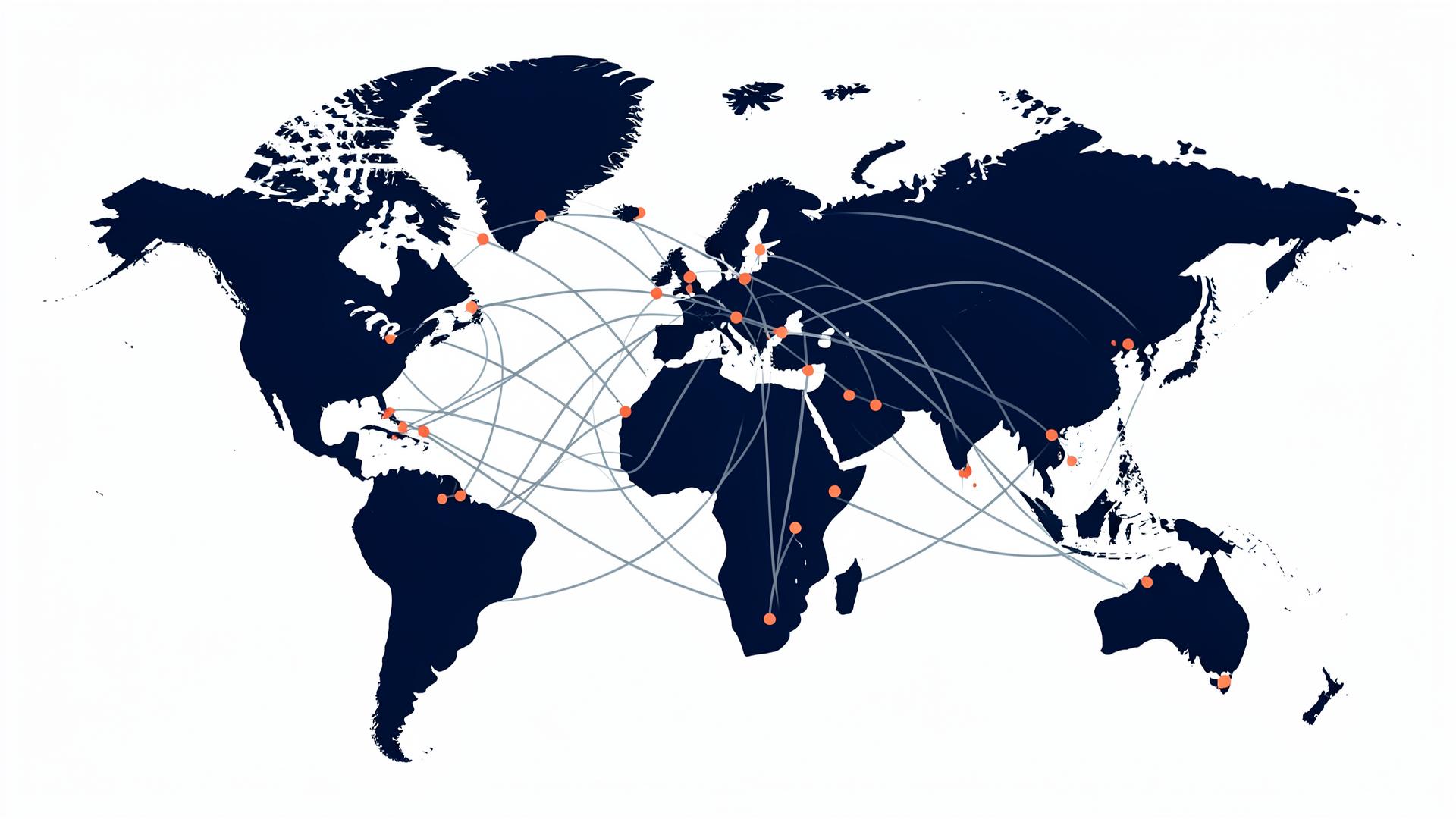 World map covered in connection arcs between suppliers, ports, and buyers across every continent