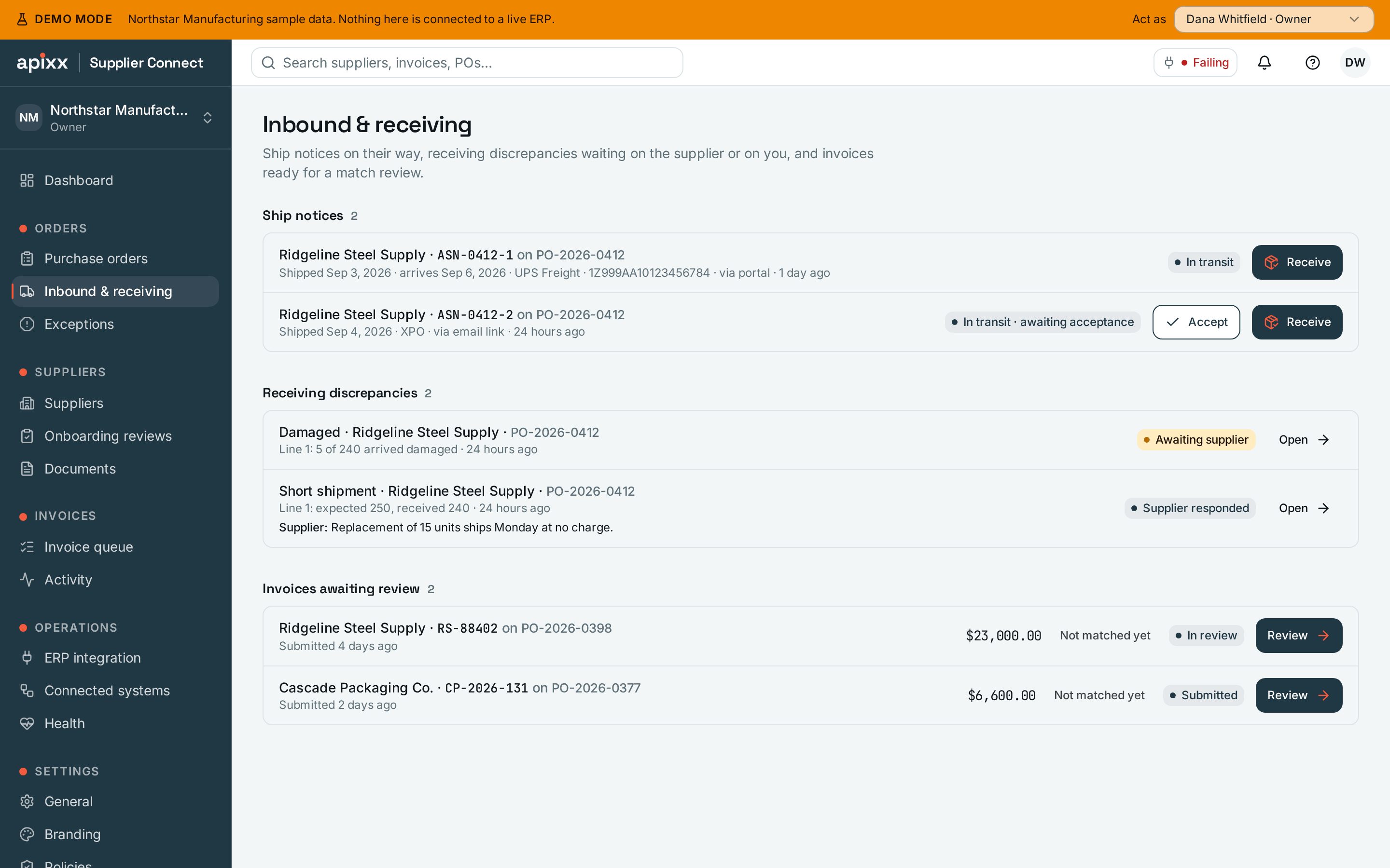 Inbound & receiving page in the APIXX Supplier Collaboration demo workspace