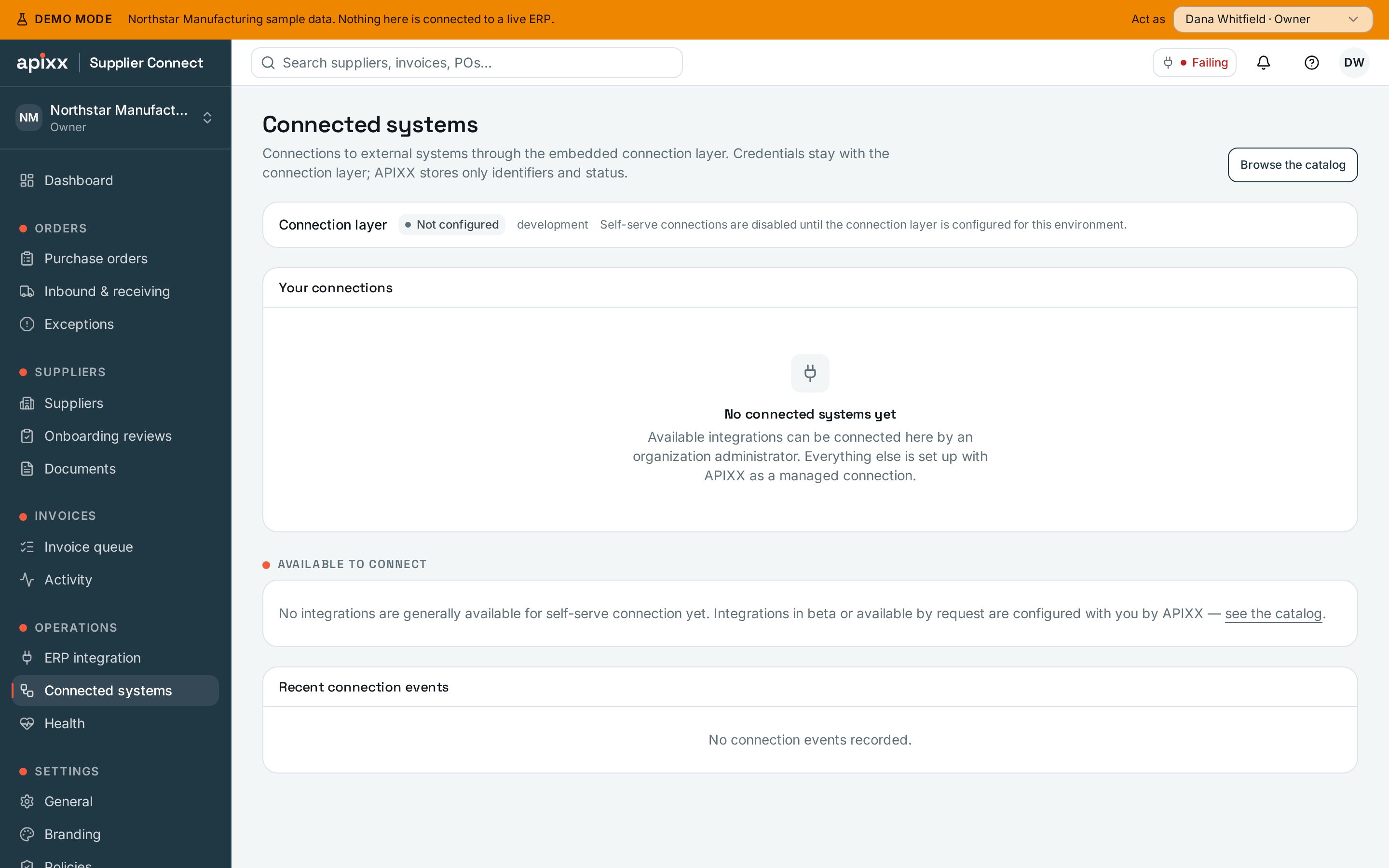 Connected systems page in the APIXX Supplier Collaboration demo workspace