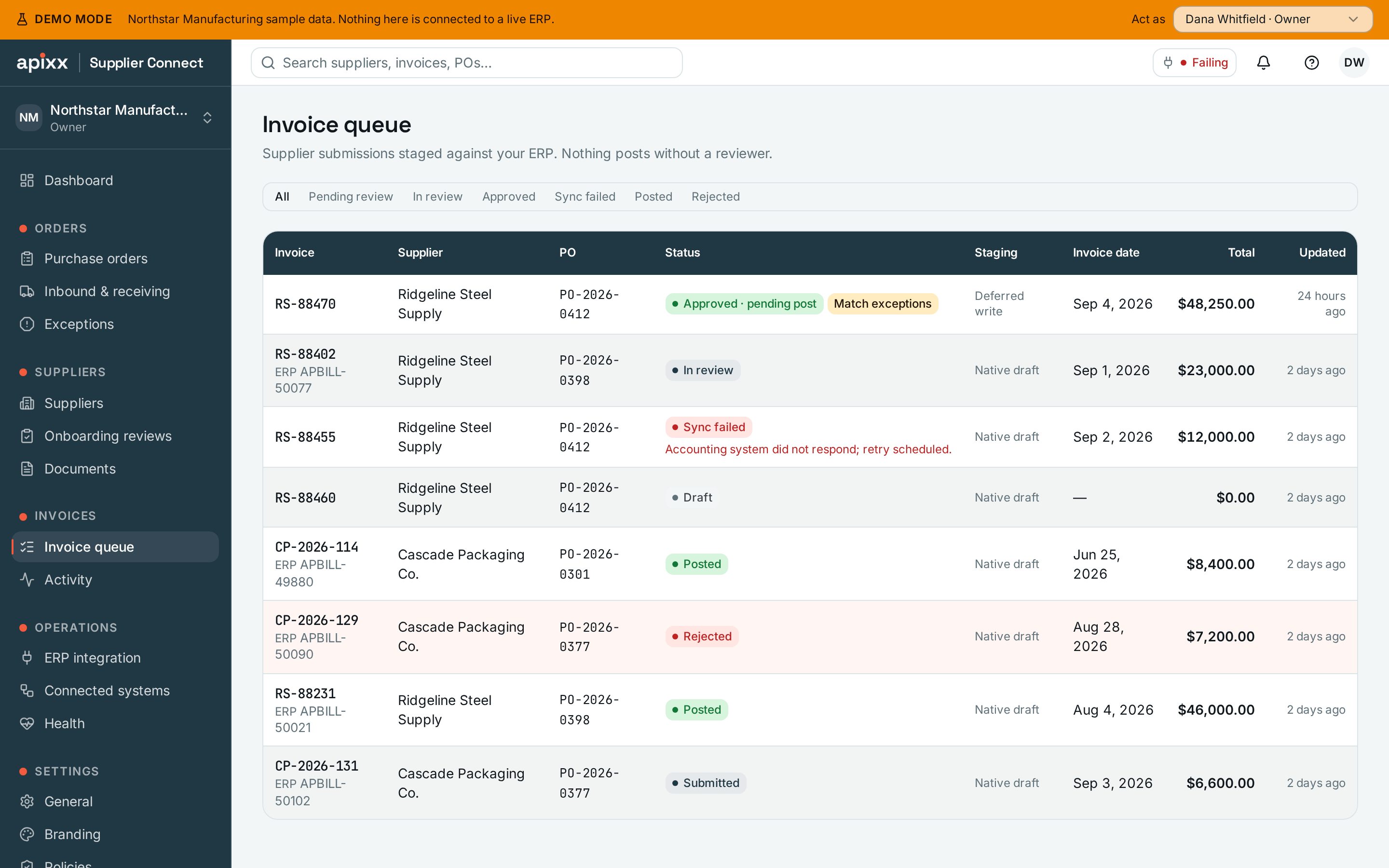 Invoice queue page in the APIXX Supplier Collaboration demo workspace