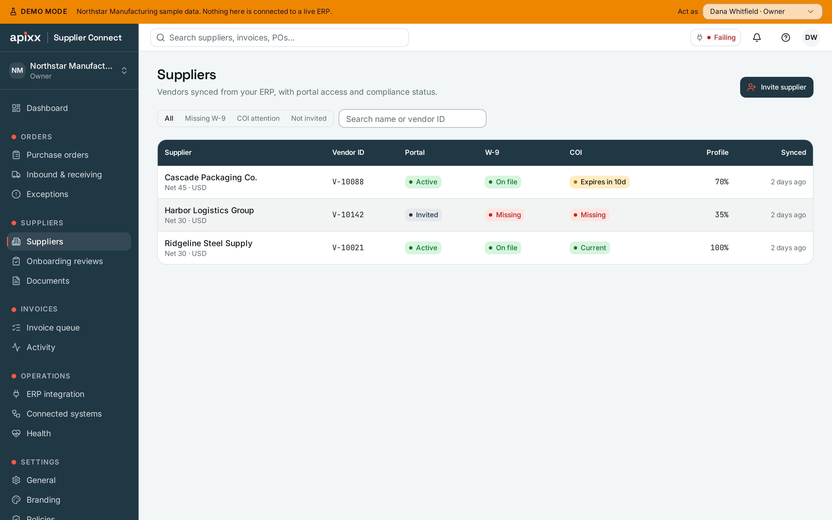 Suppliers page in the APIXX Supplier Collaboration demo workspace